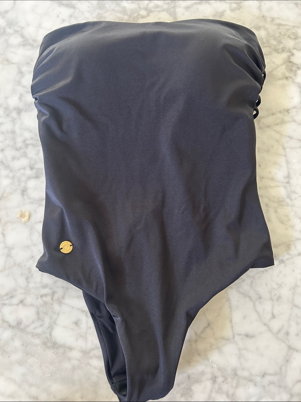 NWOT Leonisa Swim Classic Black One-Piece with Gold Medallion Open Back Sz XS